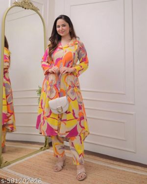 Bhakti Fashion Stylish Printed Womens Kurta With Pant Set Co Ord Set Colorful Abstract Print Trendy Comfortable Printed Kurta Pant Set For Women Latest Design Co Ord Set
