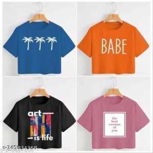 Blue Orange Black Pink Combo Printed Cotton Blend Crop Top Short Tshirt Pack Of 4