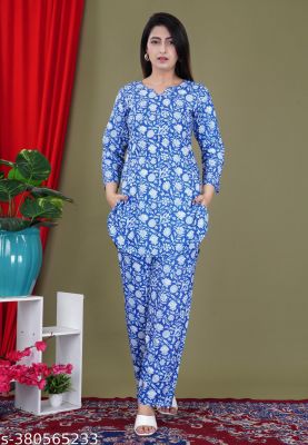 Blue Rayon Floral Printed Kurta Pants 2 Pc Co Ord Set