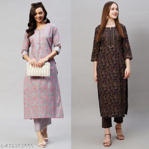 Cotton Printed Kurta Set For Women Combo Of 2