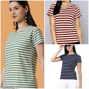 Green Maroon Blue Combo Striped Printed Cotton Blend Top Tshirt Pack Of 3