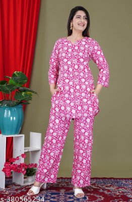 Light Pink Rayon Floral Printed Kurta Pants 2 Pc Co Ord Set