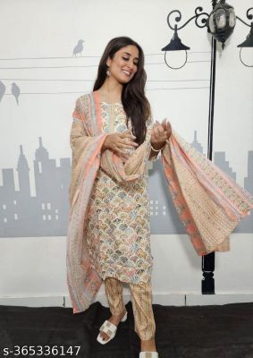 Most Demand Jaipuri Cotton Print Kurti Pent With Dupatta Set