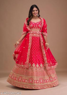 New Arrival Trendy Tometo Red Satin Heavy Glamorous Wedding Wear Sequence Silk Blend Lehenga Choli