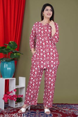 Pink Rayon Floral Printed Kurta Pants 2 Pc Co Ord Set