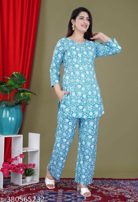 Sky Blue Rayon Floral Printed Kurta Pants 2 Pc Co Ord Set