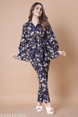 Royal Blue Crepe Short Floral Printed Kurti Pants 2 Pc Co Ord Set