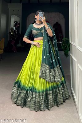 Womens Trending Designeer Tussar Silk With Foiil Print And Bandhani Print Lehenga Choli