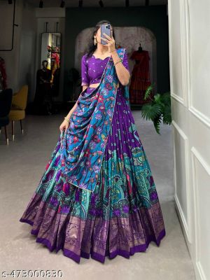 Womens Tussar Silk Fabric With Bandhni Patola Print And Foil Work Lehenga Choli For Womens And Girls