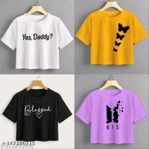 Yellow White Purple Black Combo Printed Cotton Blend Crop Top Short Tshirt Pack Of 4