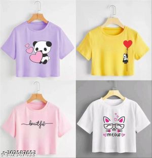 Yellow White Purple Pink Combo Printed Cotton Blend Crop Top Short Tshirt Pack Of 4