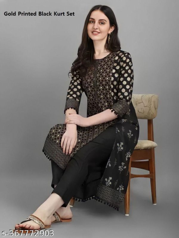 Azreen Black Beautiful Gold And Pigment Printed Kurta Pants Set