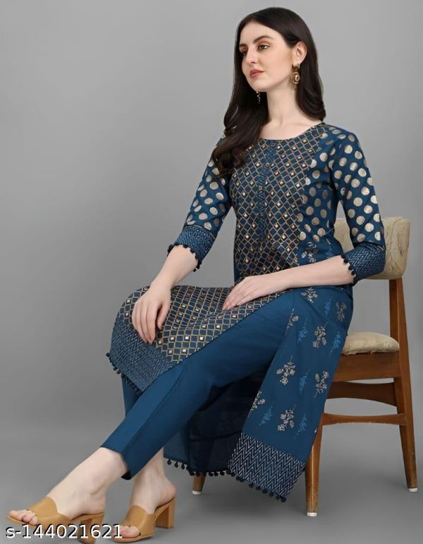 Azreen Blue Beautiful Gold And Pigment Printed Kurta Pants Set