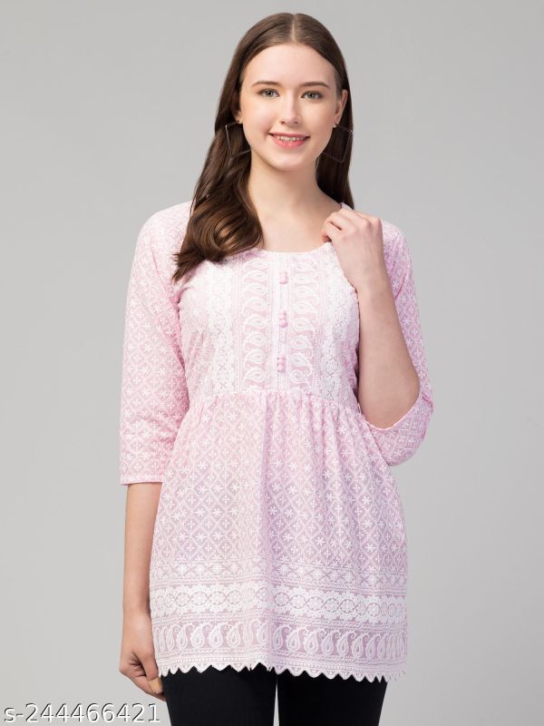 Baby Pink Chikankari Cotton Fancy Top