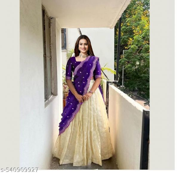 Beautiful Semistitch Half Saree With Pure Viscose Shimmer Embroidery Work Gold Curshed Blouse With Dupatta For Women