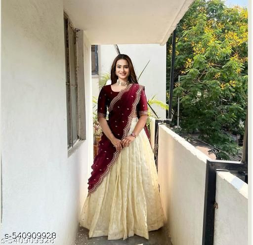 Beautiful Semistitch Half Saree With Pure Viscose Shimmer Embroidery Work Gold Curshed Blouse With Dupatta For Women