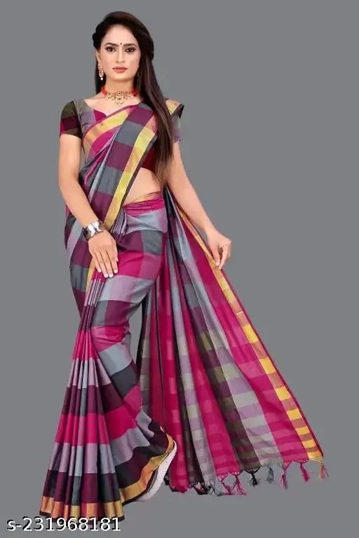 Beet Gray Purple Checked Cotton Slub Uppada Saree With Blouse Piece