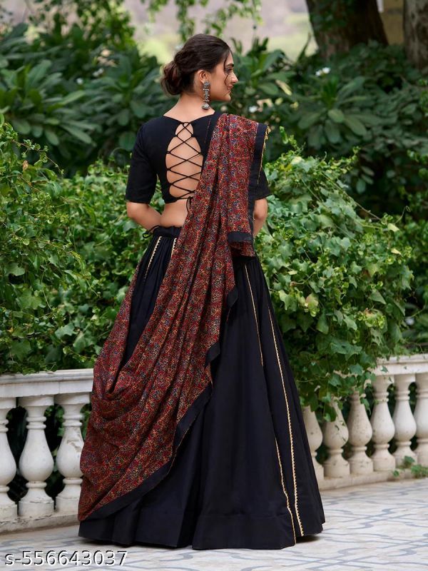 Black Color Rayon Cotton Lehenga Choli With Jaipuri Bandhani Duptta