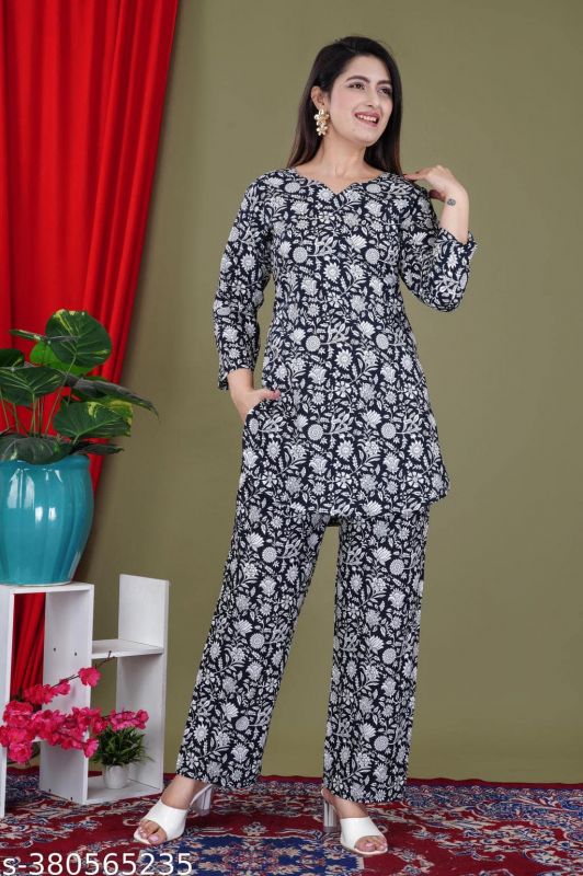 Black Rayon Floral Printed Kurta Pants 2 Pc Co-ord Set