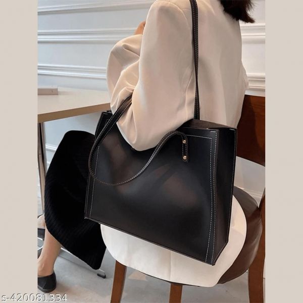 Black Solid Color Shoulder Bag Women Hand Bag Ladies Leather Womens Office Big Tote Lady High Capacity Handbags And Pursespack Of 1