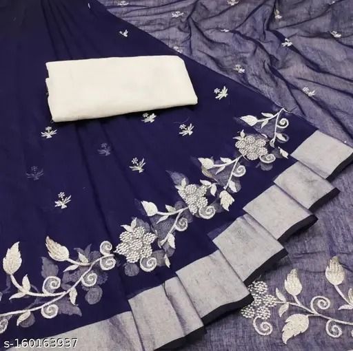 Royal Blue Traditional Bollywood Chanderi Floral Embroidered Saree With Solid Poly Silk Blouse Piece