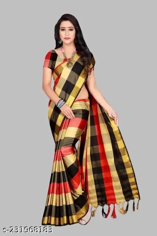 Black Yellow Red Checked Cotton Slub Uppada Saree With Blouse Piece