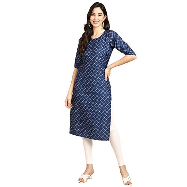 Blue Digital Checked Printed Crepe Kurti