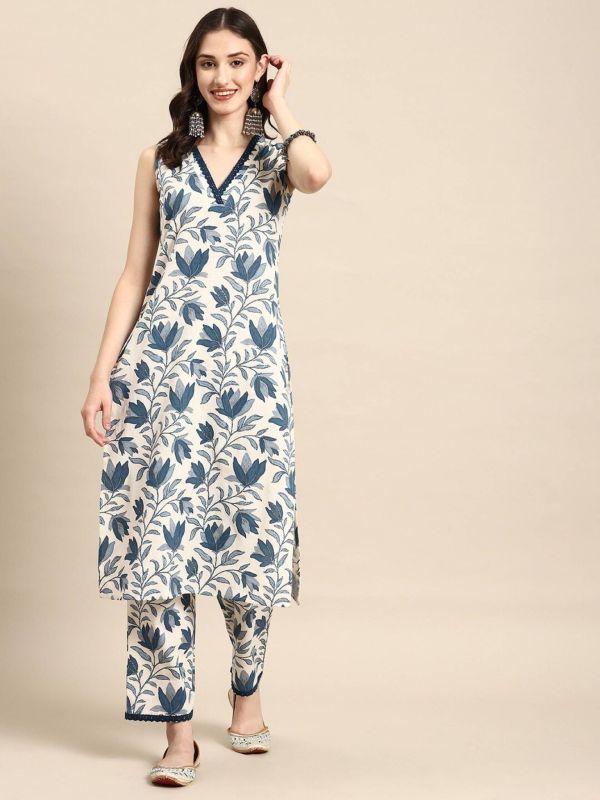 Blue Lace Sleeveless Cotton Floral Printed Kurta With Pants