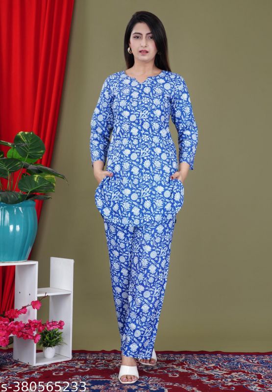 Blue Rayon Floral Printed Kurta Pants 2 Pc Co-ord Set