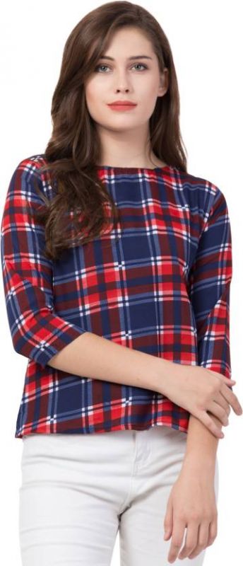 Blue Red White Grid Checked Printed Crepe Light Weight Top