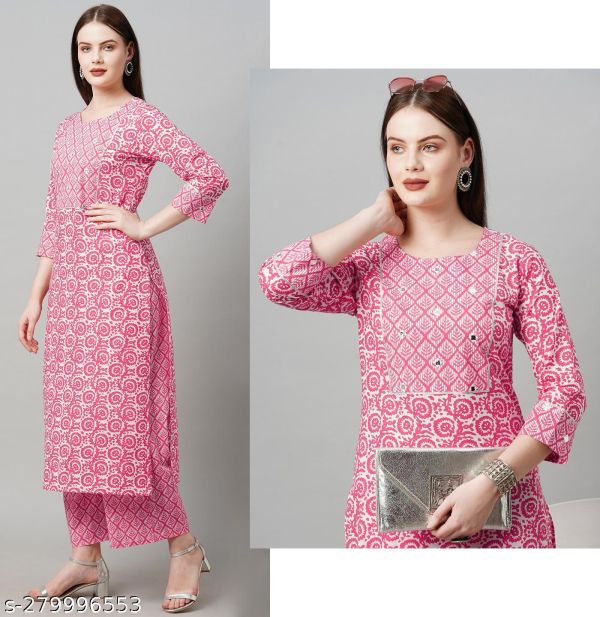 Cotton Blend Pink Straight Printed Kurta Palazzo Set