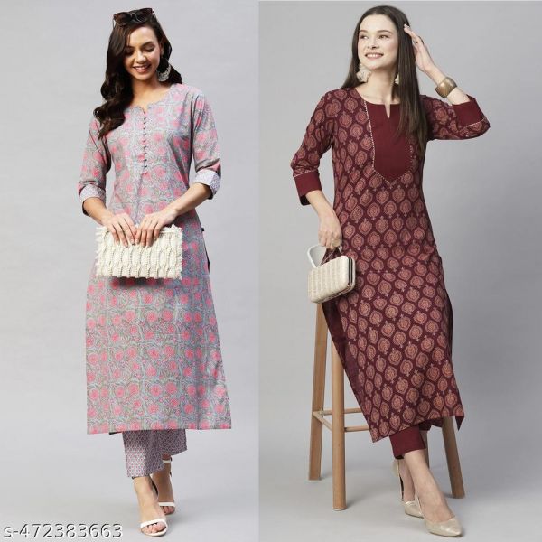 Cotton Printed Kurta Set For Women Combo Of 2