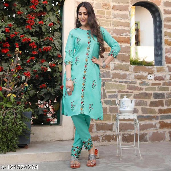 Cyan Pure Heavy Cotton Embroidered & Printed Kurta with Pent For Women