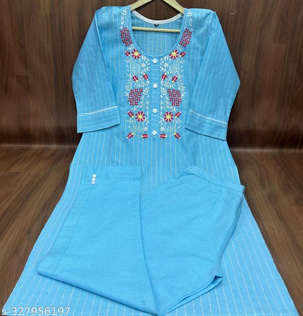 Cyan Women Embroidery Cotton Kurti Pant Set