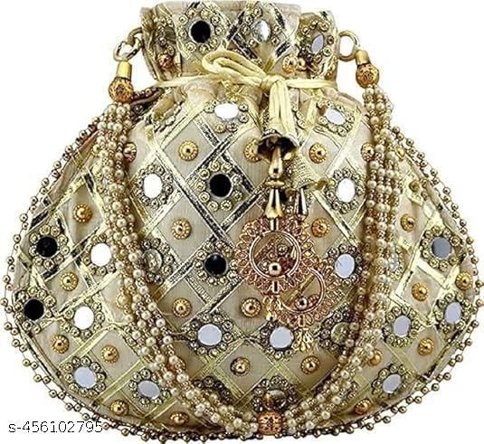 Designer Cream Potli Bags for Ladies for Wedding Parties Mirror Embellished Embroidered Bag for Women