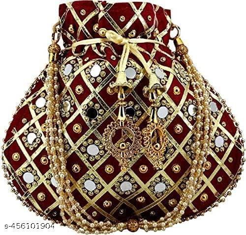 Designer Maroon Potli Bags for Ladies for Wedding Parties Mirror Embellished Embroidered Bag for Women