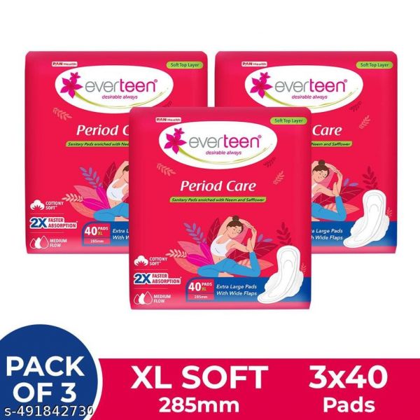 Everteen Period Xl Soft 40 Sanitary Pads Enriched With Neem And Safflower For Medium Flow 3 Packs 40 Pads Each