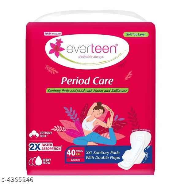 Everteen Premium Period Care XXL Soft 40 Sanitary Pads 320mm with Double Flaps enriched with Neem and Safflower 1 Pack (40 Pads)