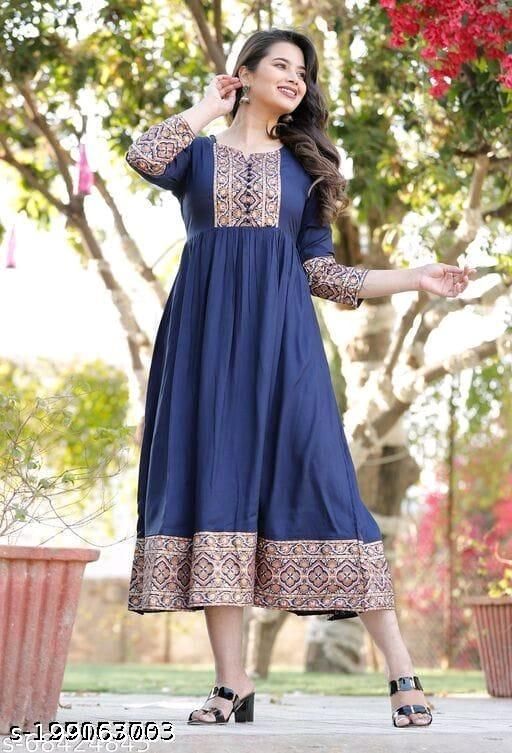 Floral Print With Foil Print Fabulous Cotton Blue Anarkali Kurti