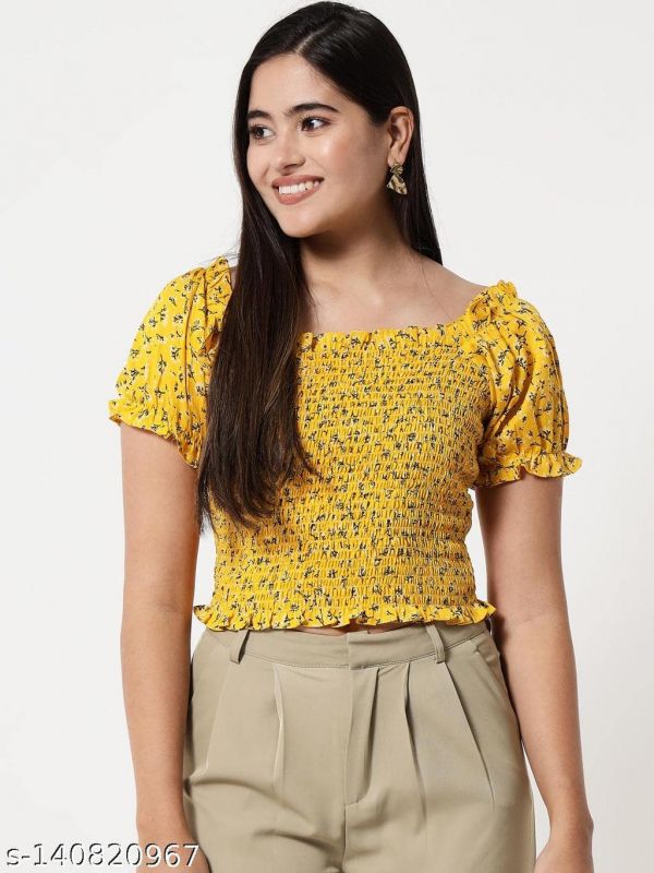 Floral Printed Crepe Yellow Elastic Gathered Western Fancy Crop Top