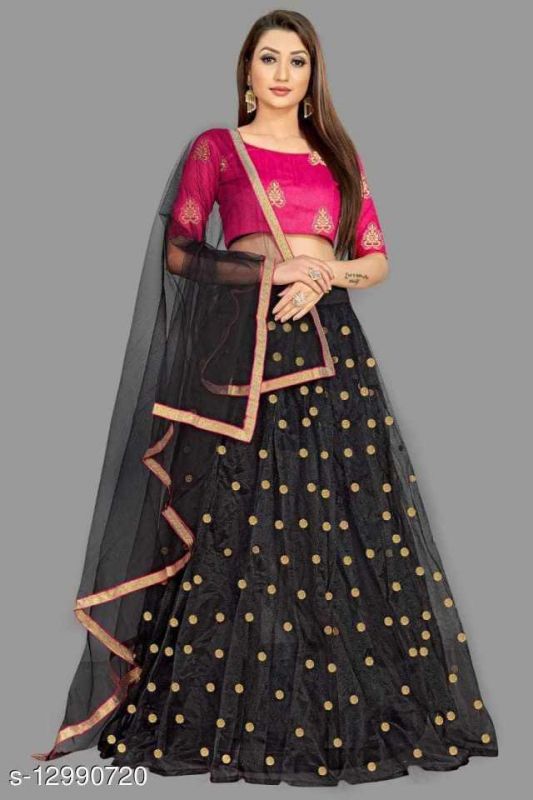 Free Size Semi Stitched Pink Black Ravishing Lehenga