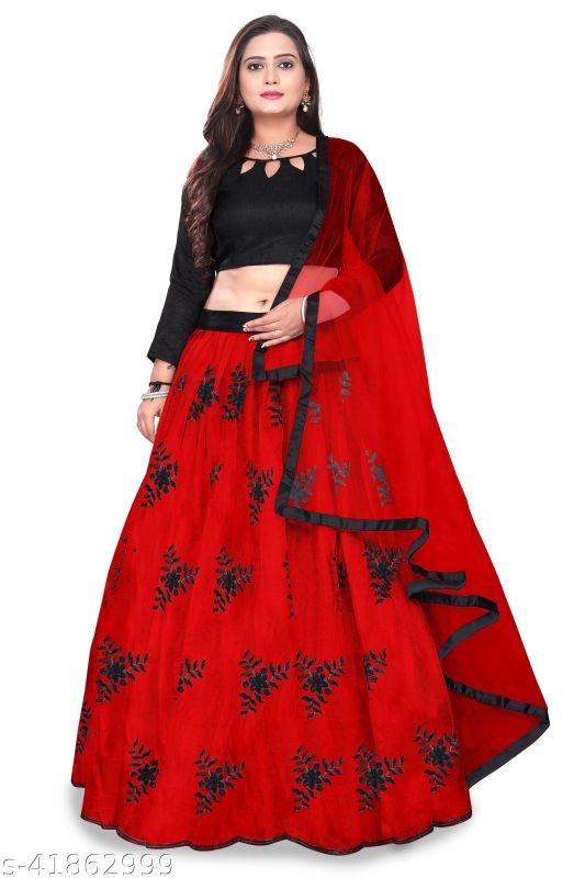 Free Size Semi Stitched Red Black Floral Lehenga