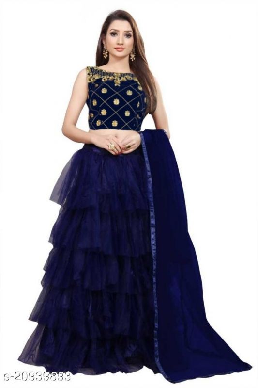 Free Size Semi Stitched Royal Blue Velvet And Net Lehenga