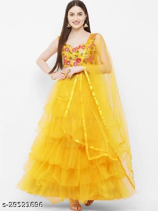 Free Size Semi Stitched Yellow Bright Lehenga