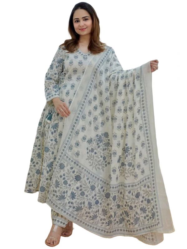 Grey Floral Print Cotton Afghani Suit With Bottom And Dupatta