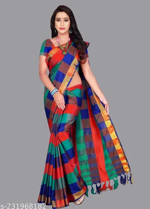 Green Blue Red Checked Cotton Slub Uppada Saree With Blouse Piece