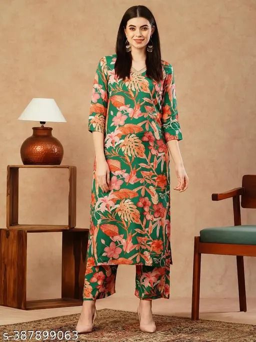 Green Cotton Blend Straight Printed Kurta Palazzo 2 Pc  Co-ord Set