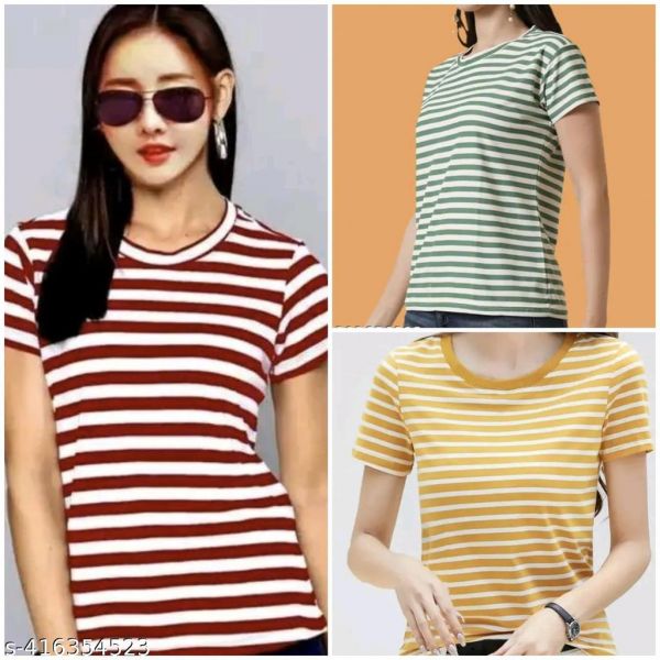 Green Maroon Yellow Combo Striped Printed Cotton Blend Top Tshirt Pack of 3