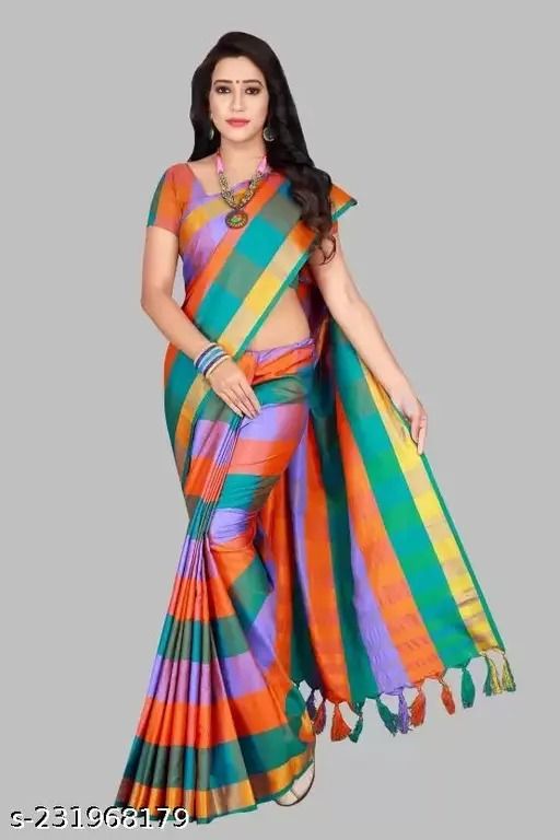 Green Orange Violet Checked Cotton Slub Uppada Saree With Blouse Piece