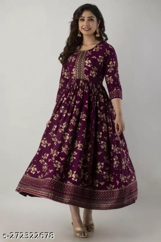 Hand Block Foil Print Rayon Purple Anarkali Kurti